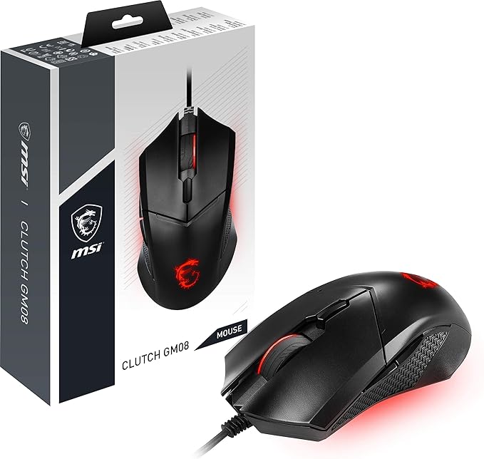 MSI CLUTCH GM08 Souris Gaming - Capteur Optique 3200 DPI, Sym¨¦trique, Switches 10M+ Clics, 6 Boutons, poids r¨¦glable - Filaire