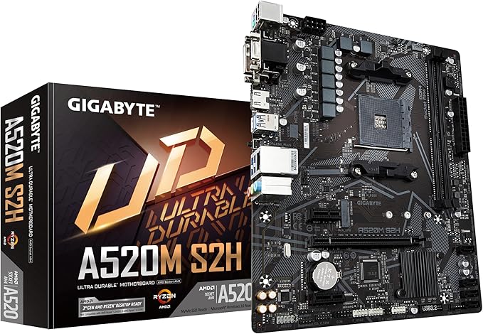 GIGABYTE Carte m¨¨re A520M S2H - Prend en charge les processeurs AMD Ryzen s¨¦rie 5000 AM4, VRM num¨¦rique pur 4+3 phases, jusqu'¨¤ 5100 MHz DDR4 (OC), PCIe 3.0 x4 M.2, LAN GbE, USB 3.2 Gen 1